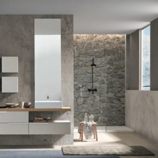 Mobile da Bagno sospeso M System C007 in melaminico cemento tortora con pensili laccati di Baxar