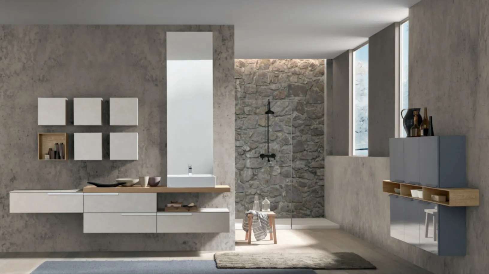 Mobile da Bagno sospeso M System C007 in melaminico cemento tortora con pensili laccati di Baxar