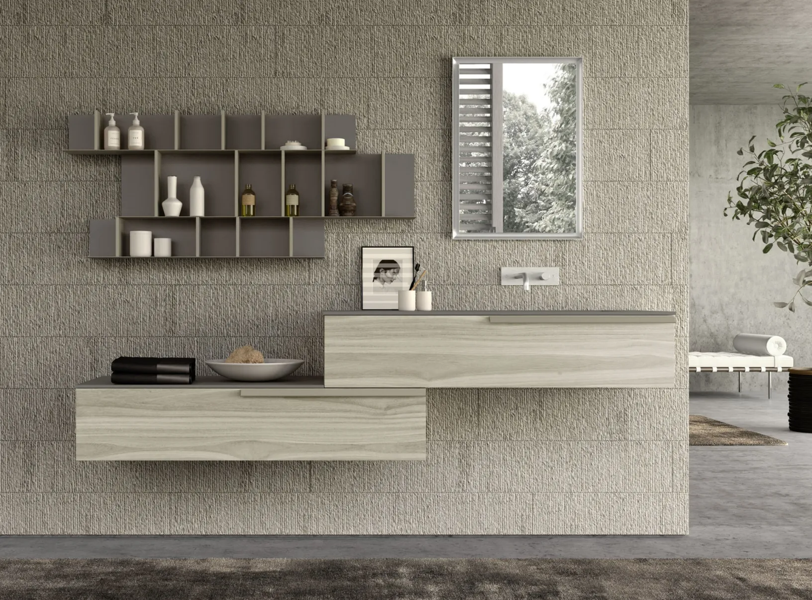 Mobile da Bagno sospeso M System 023 in melaminico effetto legno di Baxar