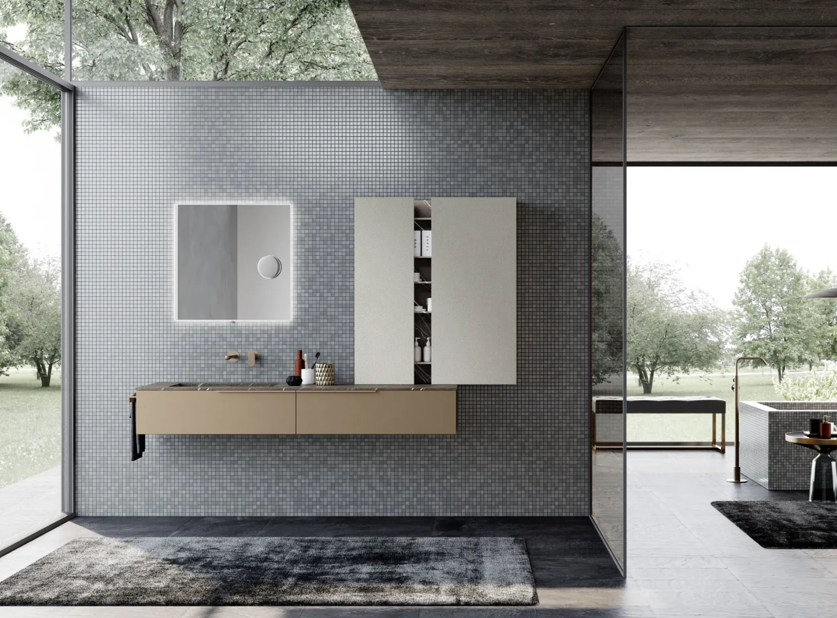 Mobile da Bagno sospeso M1 System 121 in laccato metallizzato e melaminico pelle per i pensili di Baxar