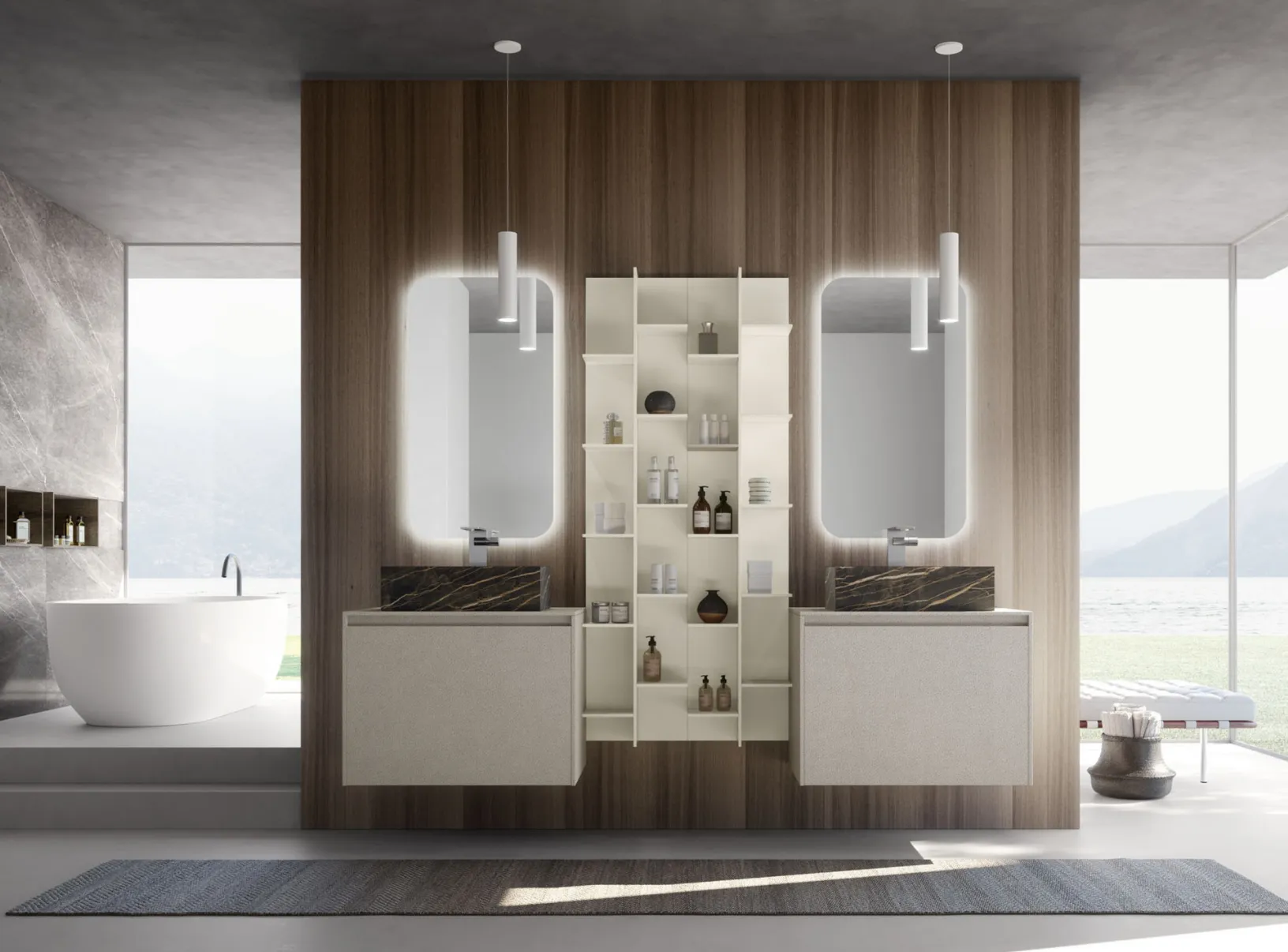 Mobile da Bagno sospeso M2 System 225 in laccato opaco Platino con lavabo in gres effetto marmo di Baxar