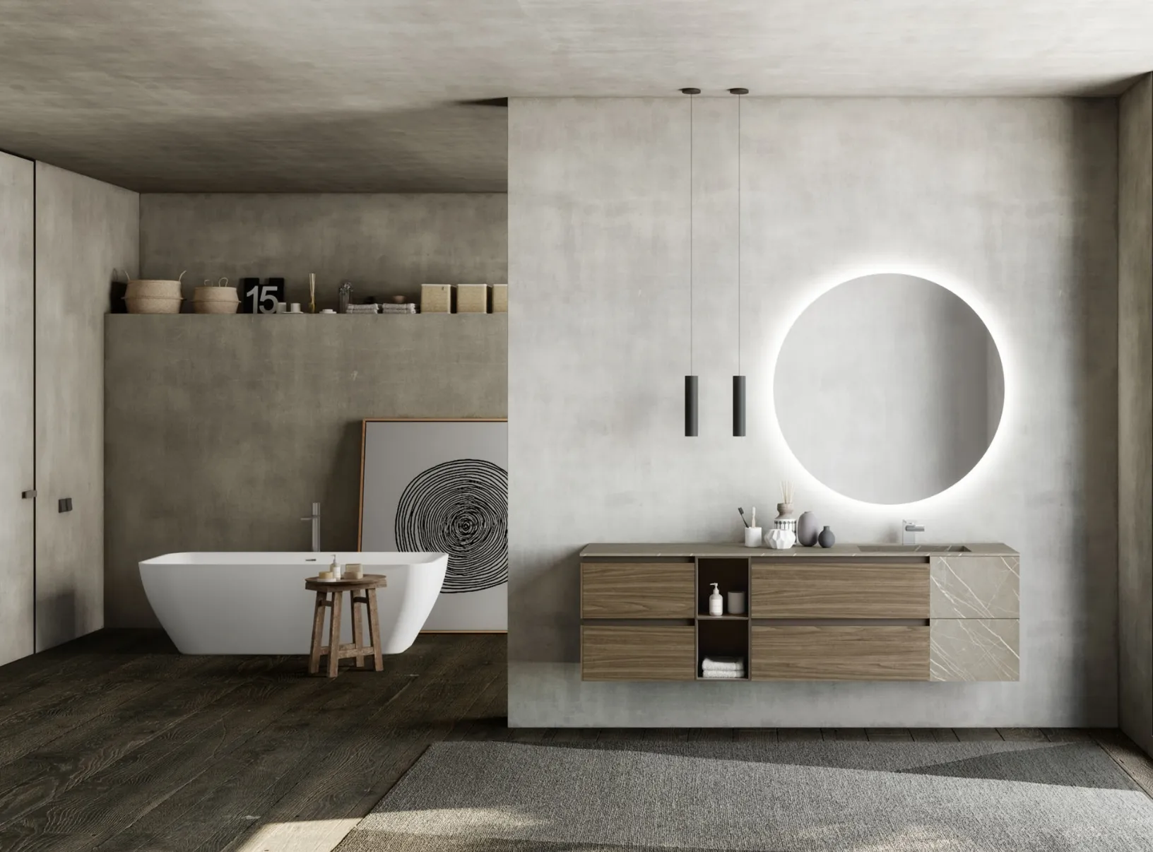 Mobile da Bagno sospeso M2 System 227 in melaminico Noce Canaletto e HPL di Baxar