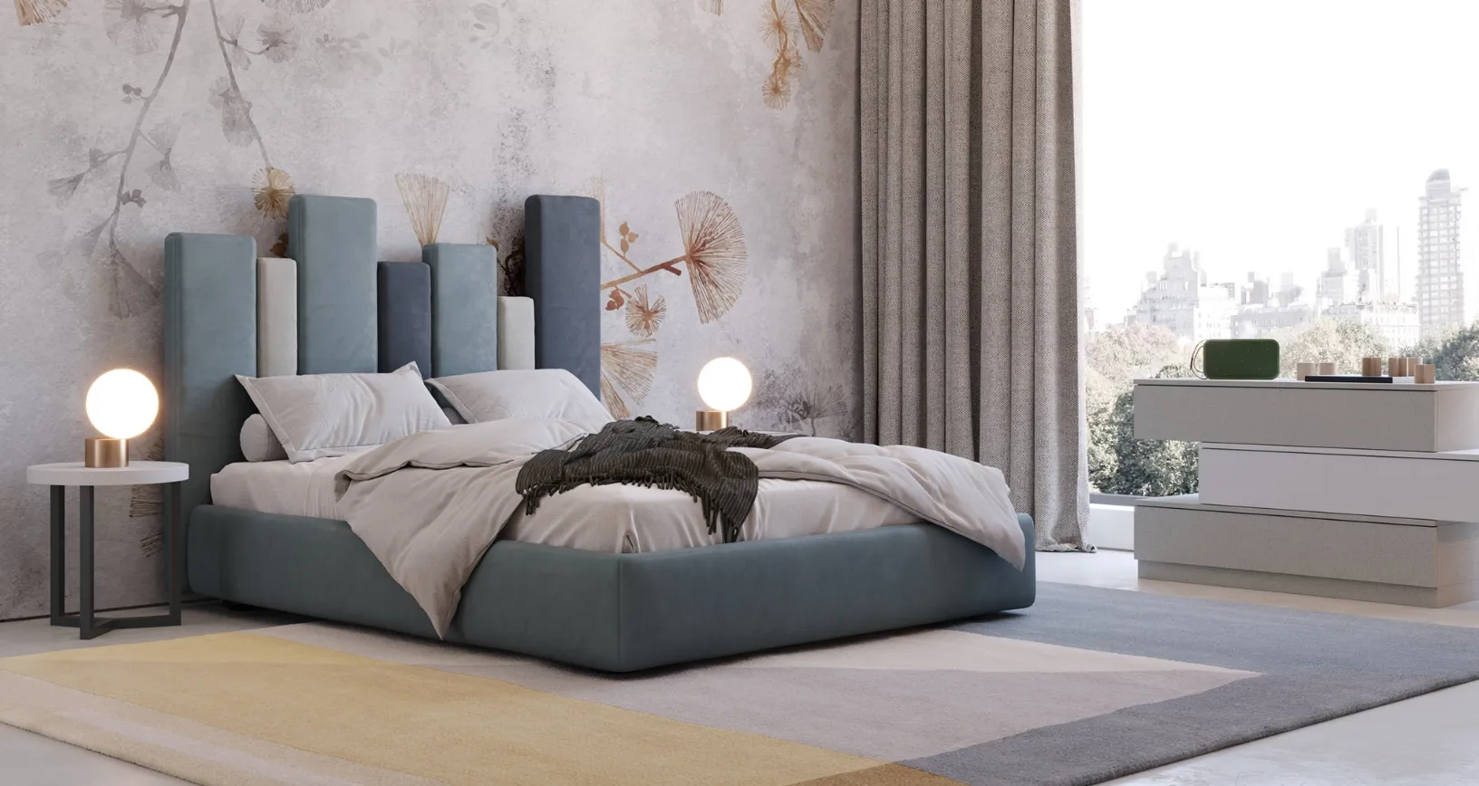 Letto di design in ecovelluto con originale testiera asimmetrica Sidney di Giessegi